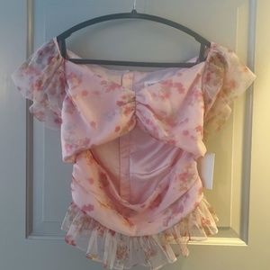 Urban Outfitters, Pink Floral Ruffled Open Stomach Top, Size Large